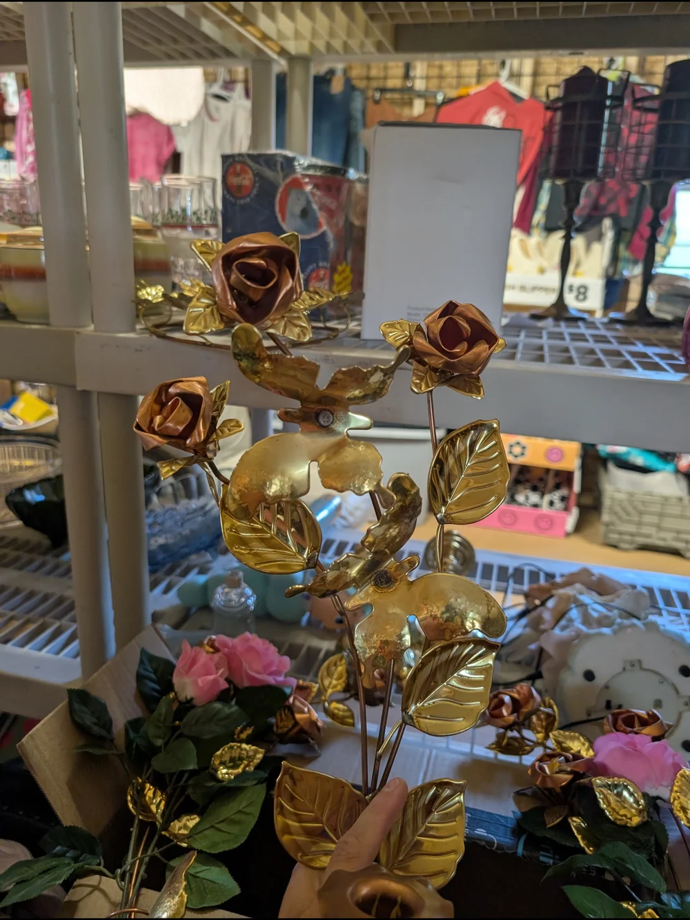 AT-1 Home Accents Gold Metal Rose Stems with Pink Fabric Roses